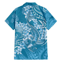 Blue Polynesia Hammerhead Shark Tattoo With Plumeria Lei Family Matching Off Shoulder Short Dress and Hawaiian Shirt