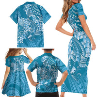 Blue Polynesia Hammerhead Shark Tattoo With Plumeria Lei Family Matching Short Sleeve Bodycon Dress and Hawaiian Shirt