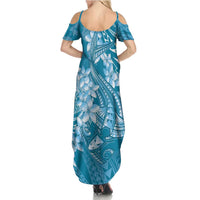 Blue Polynesia Hammerhead Shark Tattoo With Plumeria Lei Family Matching Summer Maxi Dress and Hawaiian Shirt
