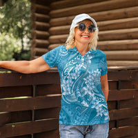 Blue Polynesia Hammerhead Shark Tattoo With Plumeria Lei Women Polo Shirt