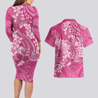 Pink Polynesia Hammerhead Shark Tattoo With Plumeria Lei Couples Matching Long Sleeve Bodycon Dress and Hawaiian Shirt