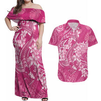 Pink Polynesia Hammerhead Shark Tattoo With Plumeria Lei Couples Matching Off Shoulder Maxi Dress and Hawaiian Shirt