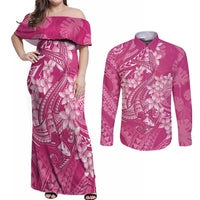 Pink Polynesia Hammerhead Shark Tattoo With Plumeria Lei Couples Matching Off Shoulder Maxi Dress and Long Sleeve Button Shirt LT14 Pink - Polynesian Pride