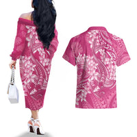 Pink Polynesia Hammerhead Shark Tattoo With Plumeria Lei Couples Matching Off The Shoulder Long Sleeve Dress and Hawaiian Shirt