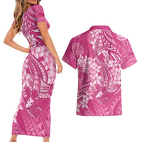 Pink Polynesia Hammerhead Shark Tattoo With Plumeria Lei Couples Matching Short Sleeve Bodycon Dress and Hawaiian Shirt