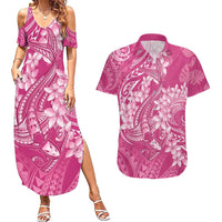 Pink Polynesia Hammerhead Shark Tattoo With Plumeria Lei Couples Matching Summer Maxi Dress and Hawaiian Shirt
