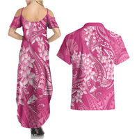 Pink Polynesia Hammerhead Shark Tattoo With Plumeria Lei Couples Matching Summer Maxi Dress and Hawaiian Shirt
