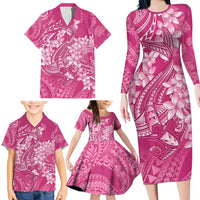 Pink Polynesia Hammerhead Shark Tattoo With Plumeria Lei Family Matching Long Sleeve Bodycon Dress and Hawaiian Shirt