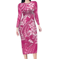 Pink Polynesia Hammerhead Shark Tattoo With Plumeria Lei Family Matching Long Sleeve Bodycon Dress and Hawaiian Shirt