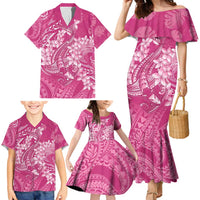 Pink Polynesia Hammerhead Shark Tattoo With Plumeria Lei Family Matching Mermaid Dress and Hawaiian Shirt