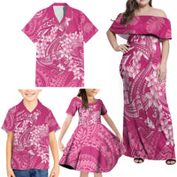Pink Polynesia Hammerhead Shark Tattoo With Plumeria Lei Family Matching Off Shoulder Maxi Dress and Hawaiian Shirt