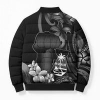 Black Hafa Adai Guam Bomber Puffer Jacket Chamorro Latte Stone Hand With Plumeria - Polynesian Pride