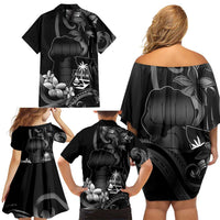 Black Hafa Adai Guam Family Matching Off Shoulder Short Dress and Hawaiian Shirt Chamorro Latte Stone Hand With Plumeria
