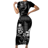 Black Hafa Adai Guam Family Matching Short Sleeve Bodycon Dress and Hawaiian Shirt Chamorro Latte Stone Hand With Plumeria