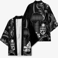 Black Hafa Adai Guam Kimono Chamorro Latte Stone Hand With Plumeria LT14 - Polynesian Pride