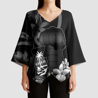 Black Hafa Adai Guam Kimono Sleeve Blouse Chamorro Latte Stone Hand With Plumeria - Polynesian Pride