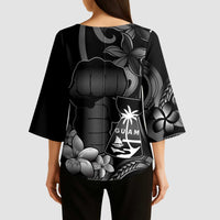 Black Hafa Adai Guam Kimono Sleeve Blouse Chamorro Latte Stone Hand With Plumeria - Polynesian Pride