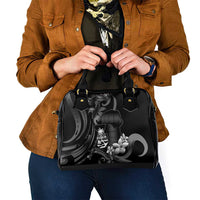 Black Hafa Adai Guam Shoulder Handbag Chamorro Latte Stone Hand With Plumeria LT14 - Polynesian Pride