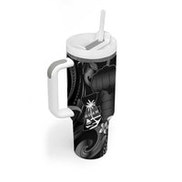 Black Hafa Adai Guam Tumbler With Handle Chamorro Latte Stone Hand With Plumeria