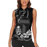 Black Hafa Adai Guam Women Sleeveless Polo Shirt Chamorro Latte Stone Hand With Plumeria