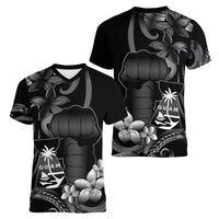 Black Hafa Adai Guam Women V-Neck T-Shirt Chamorro Latte Stone Hand With Plumeria