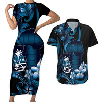 Blue Hafa Adai Guam Couples Matching Short Sleeve Bodycon Dress and Hawaiian Shirt Chamorro Latte Stone Hand With Plumeria