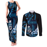 Blue Hafa Adai Guam Couples Matching Tank Maxi Dress and Long Sleeve Button Shirt Chamorro Latte Stone Hand With Plumeria