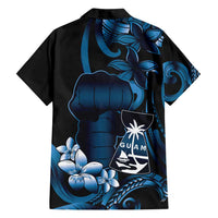 Blue Hafa Adai Guam Family Matching Off Shoulder Short Dress and Hawaiian Shirt Chamorro Latte Stone Hand With Plumeria