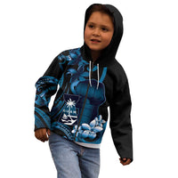 Blue Hafa Adai Guam Kid Hoodie Chamorro Latte Stone Hand With Plumeria