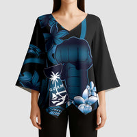 Blue Hafa Adai Guam Kimono Sleeve Blouse Chamorro Latte Stone Hand With Plumeria - Polynesian Pride
