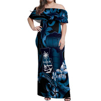 Blue Hafa Adai Guam Off Shoulder Maxi Dress Chamorro Latte Stone Hand With Plumeria