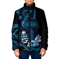 Blue Hafa Adai Guam Padded Jacket Chamorro Latte Stone Hand With Plumeria - Polynesian Pride