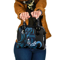Blue Hafa Adai Guam Shoulder Handbag Chamorro Latte Stone Hand With Plumeria LT14 One Size Blue - Polynesian Pride