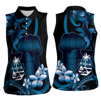 Blue Hafa Adai Guam Women Sleeveless Polo Shirt Chamorro Latte Stone Hand With Plumeria
