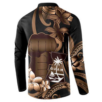 Brown Hafa Adai Guam Button Sweatshirt Chamorro Latte Stone Hand With Plumeria