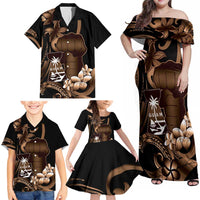 Brown Hafa Adai Guam Family Matching Off Shoulder Maxi Dress and Hawaiian Shirt Chamorro Latte Stone Hand With Plumeria