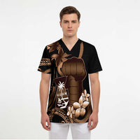 Brown Hafa Adai Guam Scrub Top Chamorro Latte Stone Hand With Plumeria - Polynesian Pride