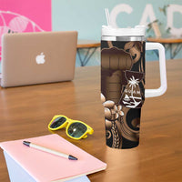 Brown Hafa Adai Guam Tumbler With Handle Chamorro Latte Stone Hand With Plumeria