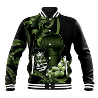 Green Hafa Adai Guam Baseball Jacket Chamorro Latte Stone Hand With Plumeria