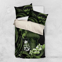 Green Hafa Adai Guam Bedding Set Chamorro Latte Stone Hand With Plumeria