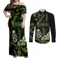 Green Hafa Adai Guam Couples Matching Off Shoulder Maxi Dress and Long Sleeve Button Shirt Chamorro Latte Stone Hand With Plumeria
