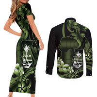 Green Hafa Adai Guam Couples Matching Short Sleeve Bodycon Dress and Long Sleeve Button Shirt Chamorro Latte Stone Hand With Plumeria