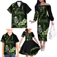 Green Hafa Adai Guam Family Matching Off The Shoulder Long Sleeve Dress and Hawaiian Shirt Chamorro Latte Stone Hand With Plumeria
