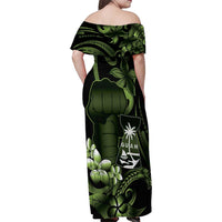 Green Hafa Adai Guam Family Matching Off Shoulder Maxi Dress and Hawaiian Shirt Chamorro Latte Stone Hand With Plumeria
