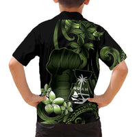 Green Hafa Adai Guam Family Matching Off Shoulder Short Dress and Hawaiian Shirt Chamorro Latte Stone Hand With Plumeria