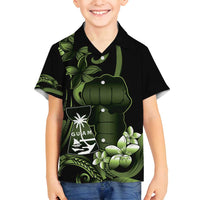 Green Hafa Adai Guam Family Matching Off Shoulder Short Dress and Hawaiian Shirt Chamorro Latte Stone Hand With Plumeria