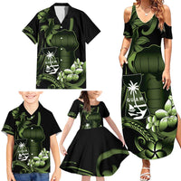 Green Hafa Adai Guam Family Matching Summer Maxi Dress and Hawaiian Shirt Chamorro Latte Stone Hand With Plumeria