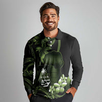 Green Hafa Adai Guam Long Sleeve Polo Shirt Chamorro Latte Stone Hand With Plumeria
