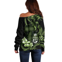 Green Hafa Adai Guam Off Shoulder Sweater Chamorro Latte Stone Hand With Plumeria