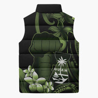 Green Hafa Adai Guam Sleeveless Puffer Jacket Chamorro Latte Stone Hand With Plumeria - Polynesian Pride
